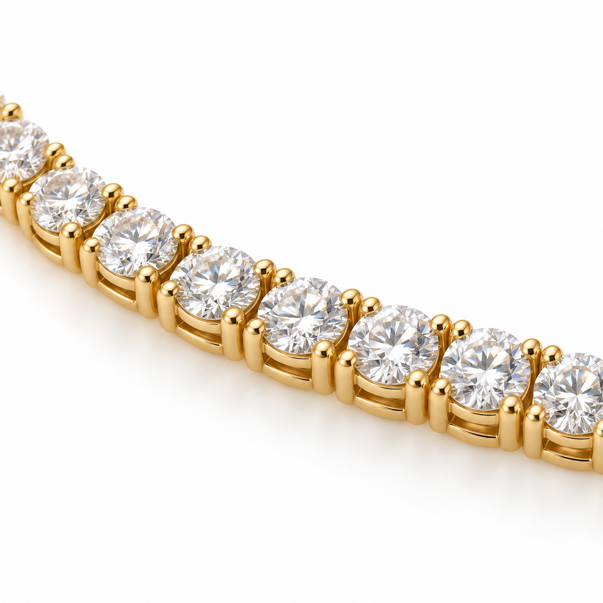 Macro detail of round lab-grown diamonds and articulated links on the tennis necklace.
