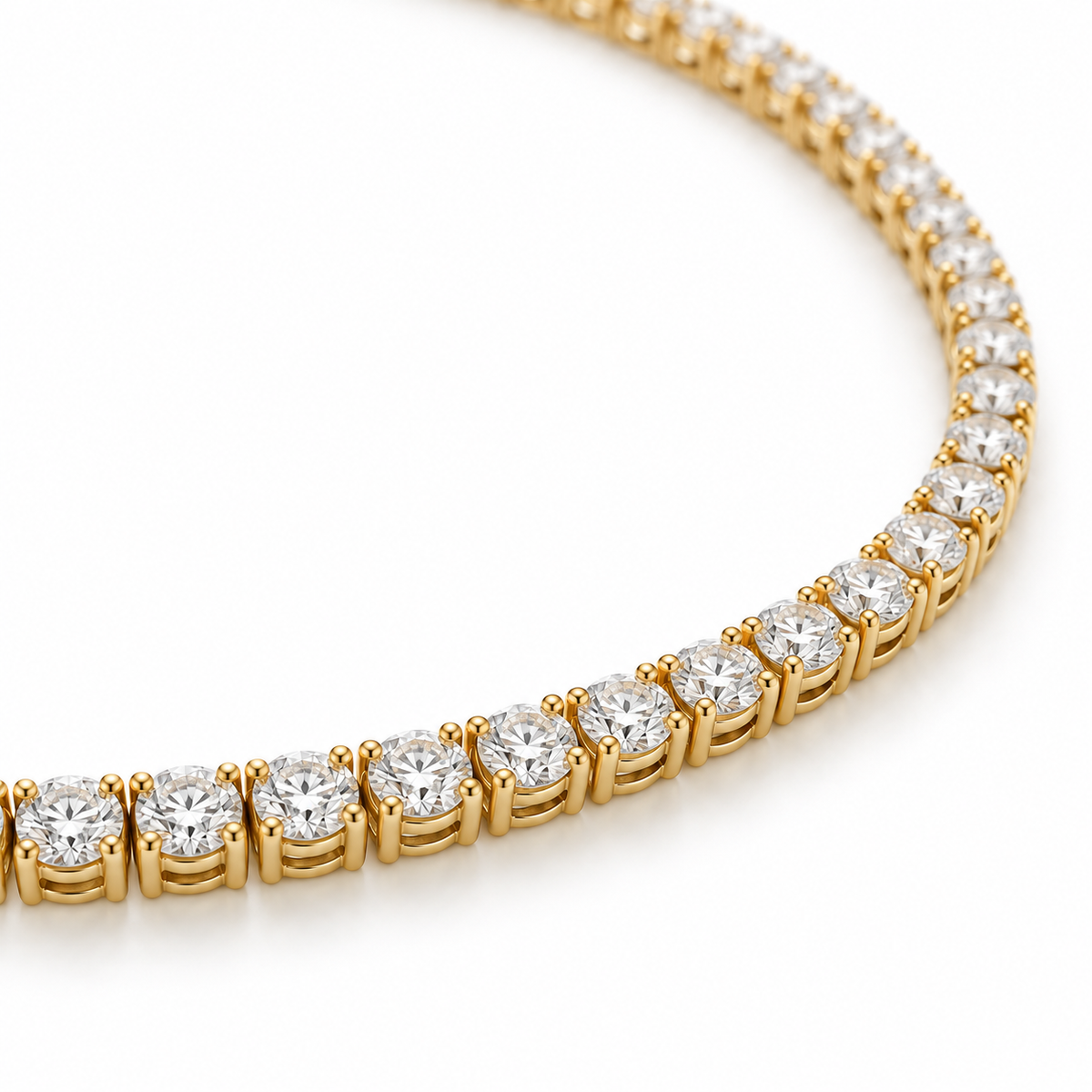 Close three-quarter detail of articulated round diamond links on the tennis necklace.