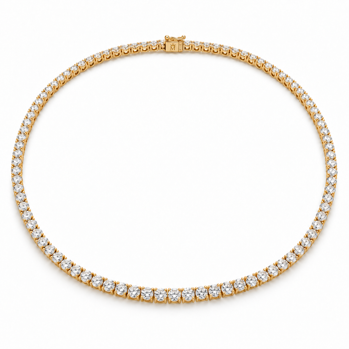 Top view of the petite round diamond tennis necklace arranged in an oval. AI-edited crown-M engraving concept on the existing clasp face; engraving and scale are illustrative.