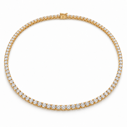 Top view of the petite round diamond tennis necklace arranged in an oval. AI-edited crown-M engraving concept on the existing clasp face; engraving and scale are illustrative.