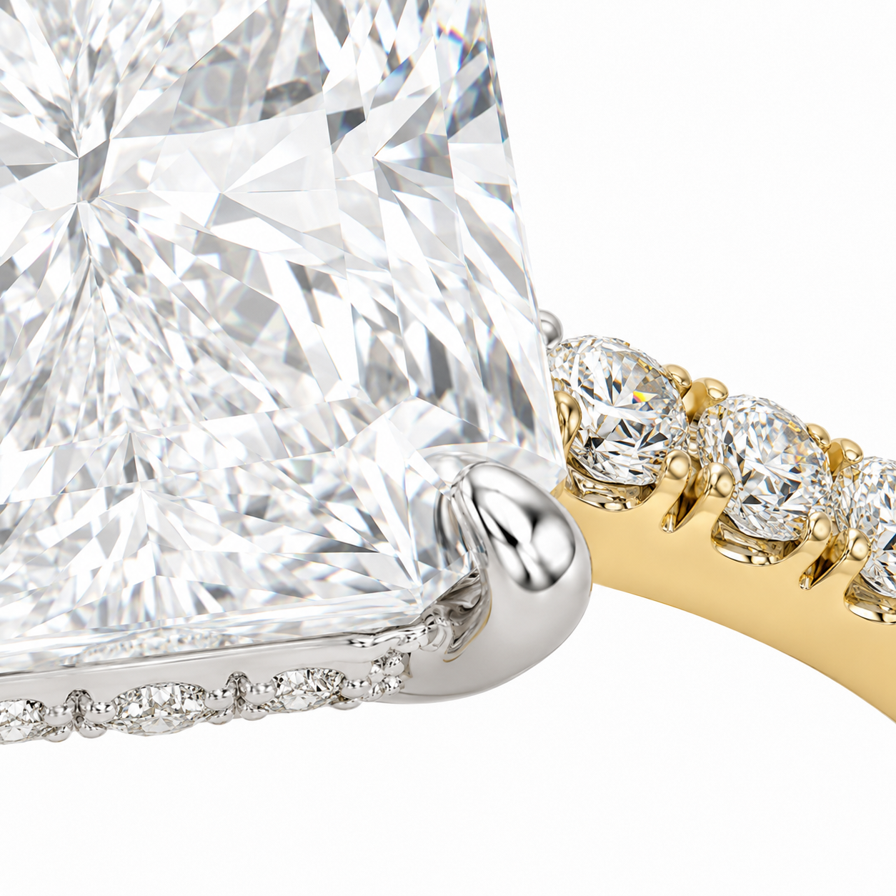Gallery and underside view of 4 carat elongated radiant diamond engagement ring