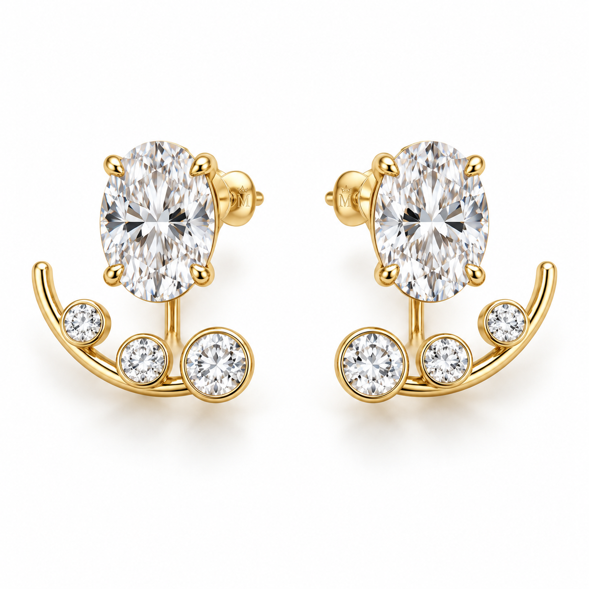 Arclet oval diamond studs and graduated round ear jackets, matching pair in yellow gold, AI design preview