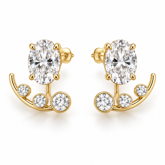 Arclet oval diamond studs and graduated round ear jackets, matching pair in yellow gold, AI design preview