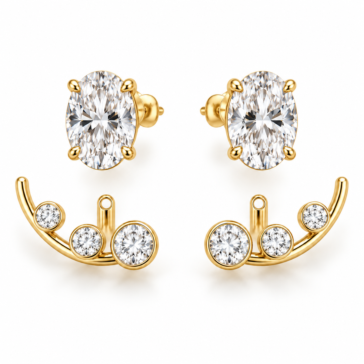 Arclet pair shown as separate oval studs and three-stone jackets, AI design visualization