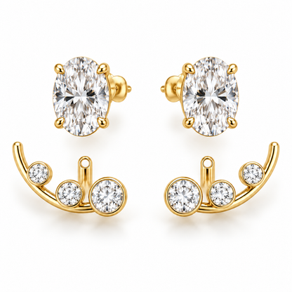 Arclet pair shown as separate oval studs and three-stone jackets, AI design visualization