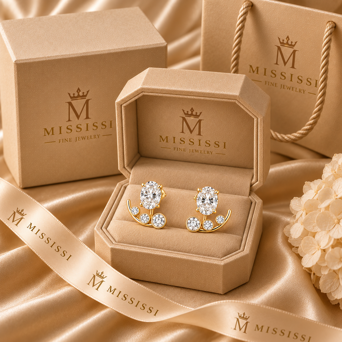 Arclet matching pair in champagne MISSISSI packaging, AI design visualization