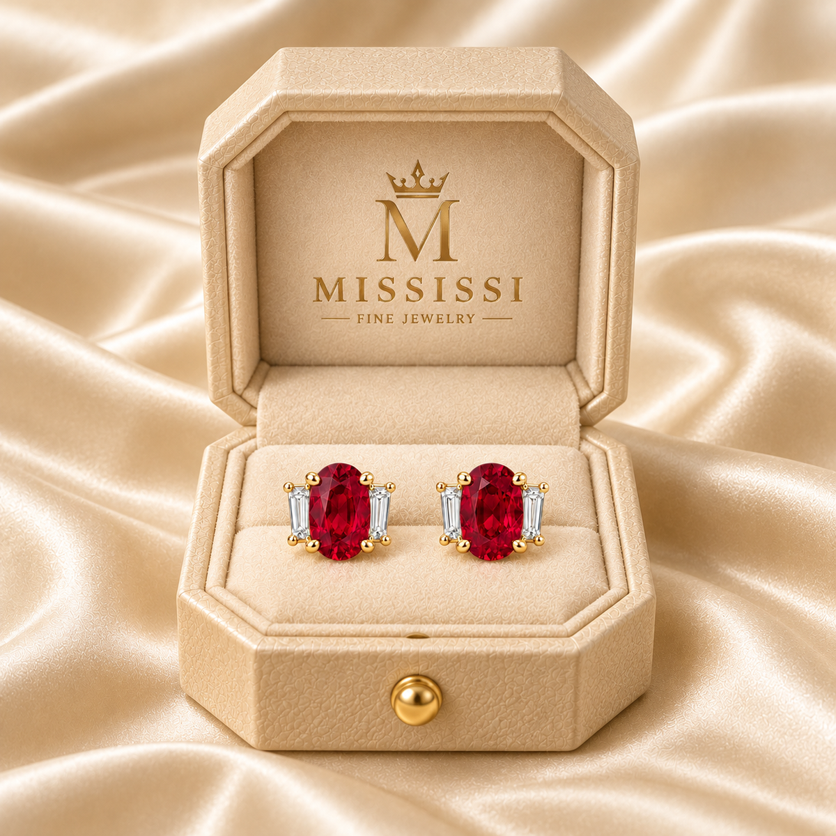 MISSISSI Ruby Brackets oval lab-grown ruby stud earrings in yellow gold, presented as a pair in champagne octagonal packaging with crown M branding; design visualization.