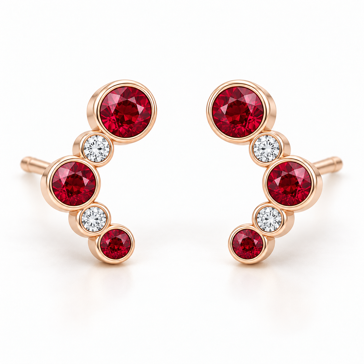 MISSISSI Scarlet Arc Graduated Lab-Grown Ruby & Diamond Studs in rose gold, hero design visualization