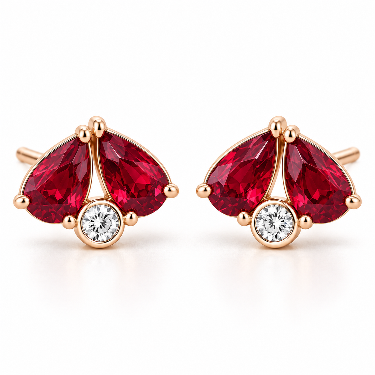 MISSISSI Scarlet Fold Twin-Pear Lab-Grown Ruby & Diamond Studs in rose gold, hero design visualization