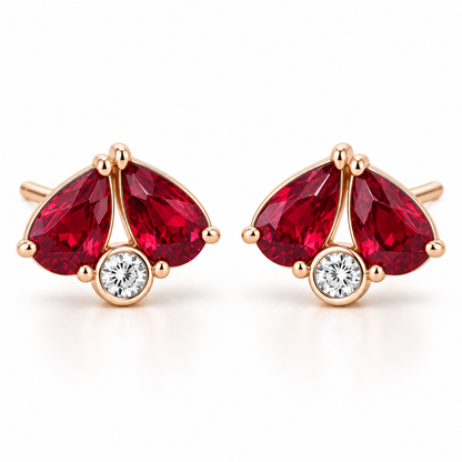 MISSISSI Scarlet Fold Twin-Pear Lab-Grown Ruby & Diamond Studs in rose gold, hero design visualization