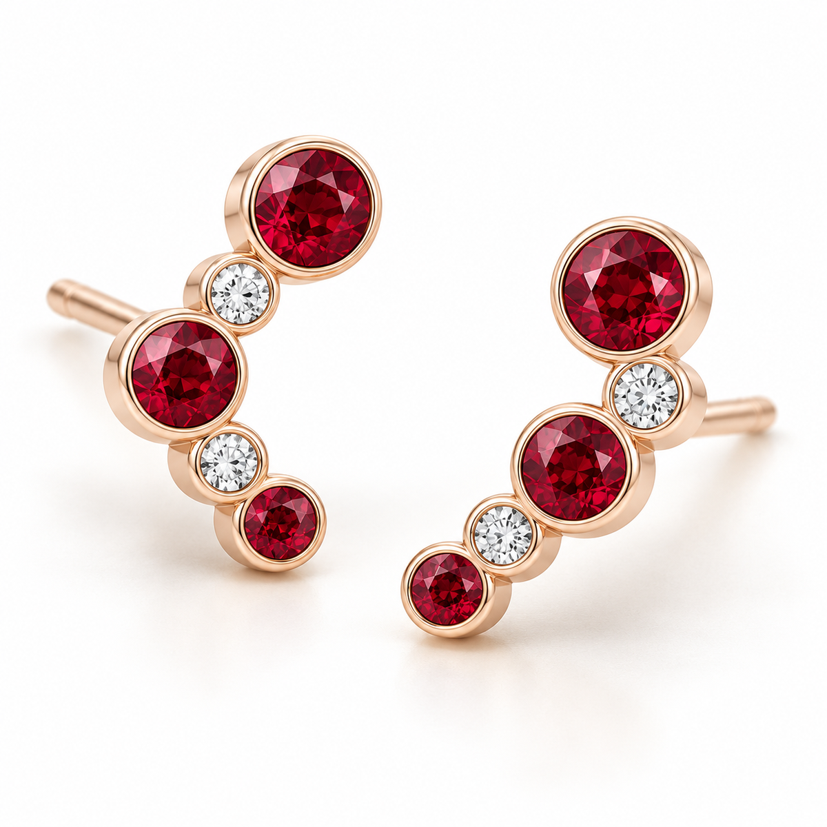 MISSISSI Scarlet Arc Graduated Lab-Grown Ruby & Diamond Studs in rose gold, angle design visualization