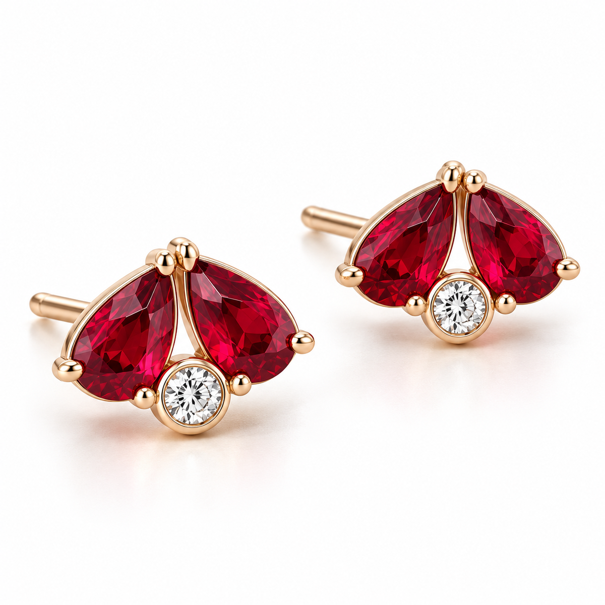 MISSISSI Scarlet Fold Twin-Pear Lab-Grown Ruby & Diamond Studs in rose gold, angle design visualization