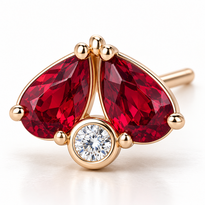 MISSISSI Scarlet Fold Twin-Pear Lab-Grown Ruby & Diamond Studs in rose gold, detail design visualization