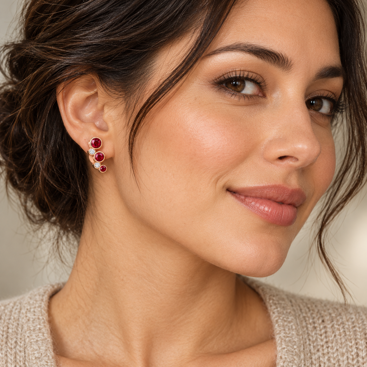 MISSISSI Scarlet Arc Graduated Lab-Grown Ruby & Diamond Studs in rose gold, worn design visualization