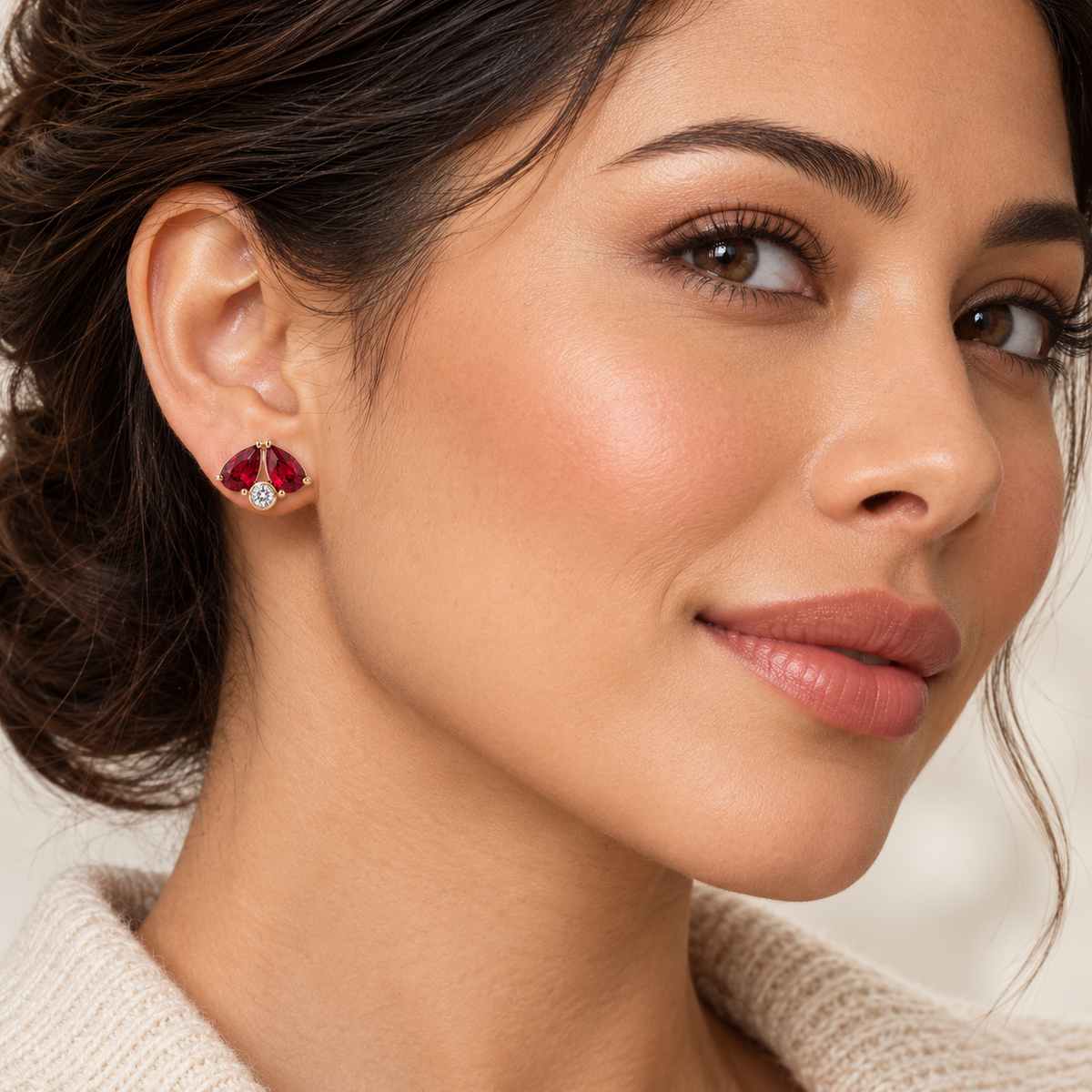 MISSISSI Scarlet Fold Twin-Pear Lab-Grown Ruby & Diamond Studs in rose gold, worn design visualization
