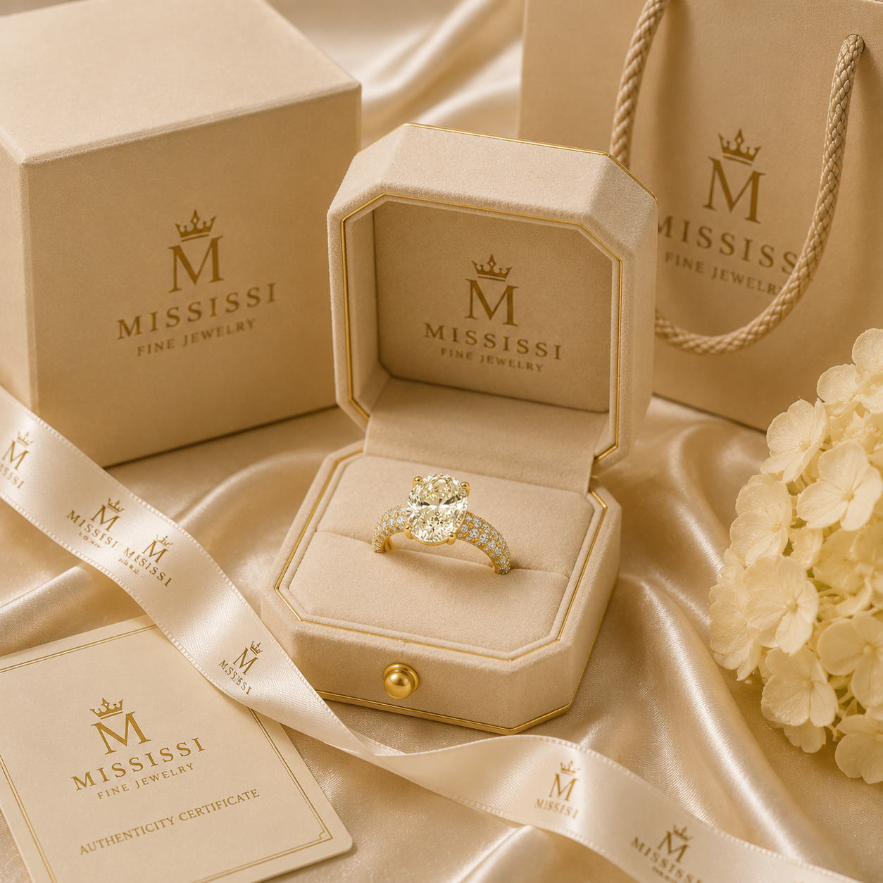6 Carat Oval Cut Lab Grown Diamond Ring | Luxury Pavé Engagement Ring | D Color VVS | 14K & 18K Gold | MISSISSI Jewelry