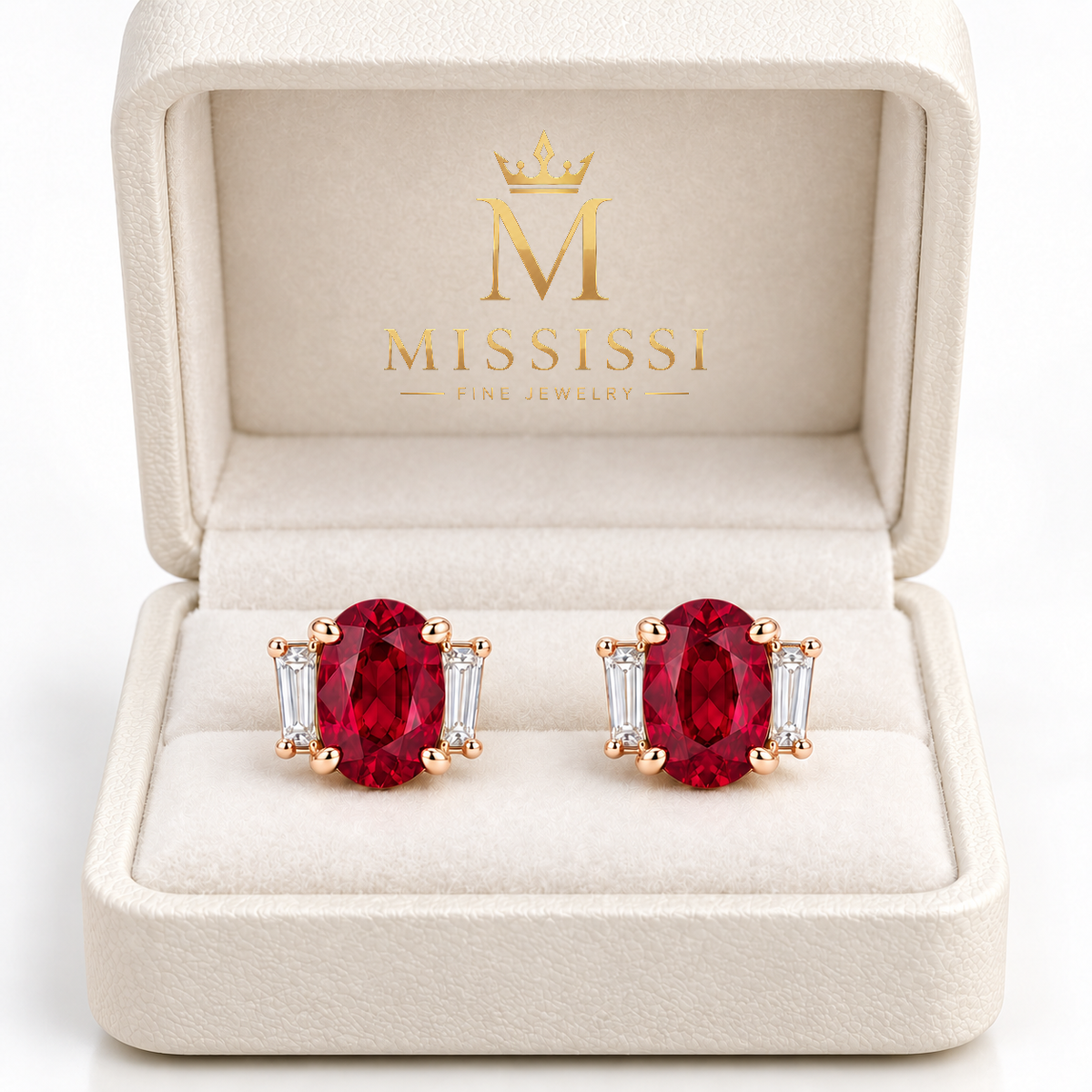 MISSISSI RB16 lab-grown ruby jewelry in rose gold, packaging design visualization
