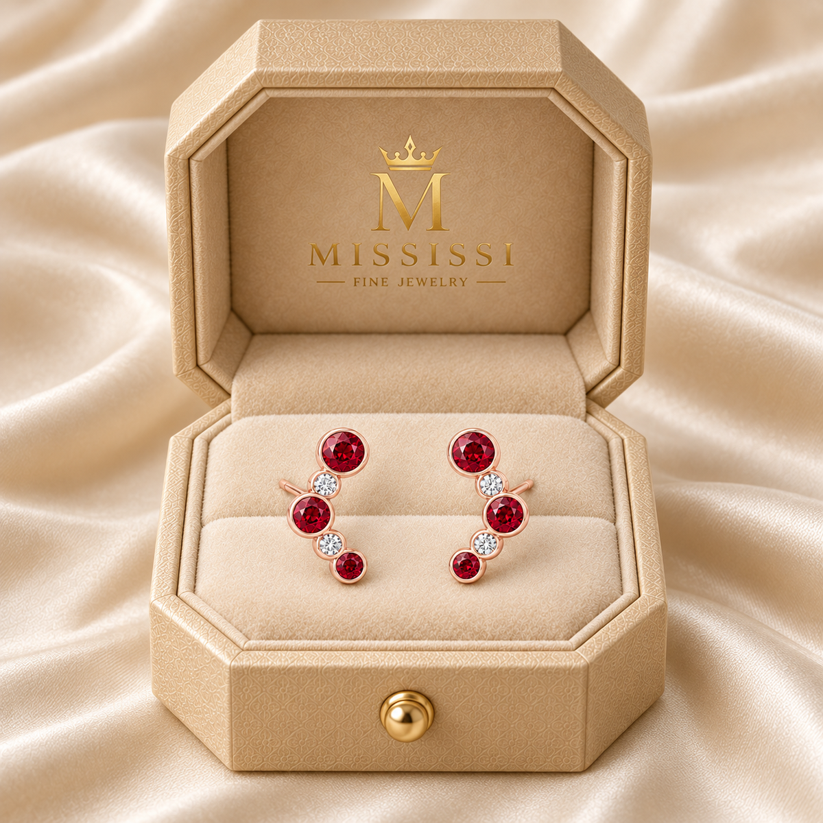 MISSISSI Scarlet Arc lab-grown ruby stud earrings in rose gold, presented as a pair in champagne octagonal packaging with crown M branding; design visualization.