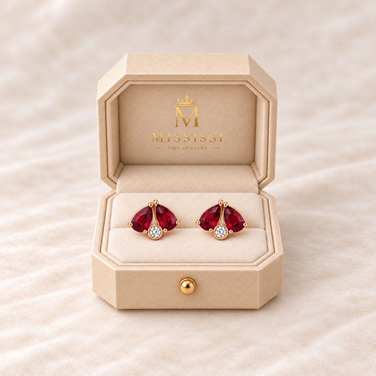 MISSISSI Scarlet Fold twin-pear lab-grown ruby stud earrings in rose gold, presented as a pair in champagne octagonal packaging with crown M branding; design visualization.