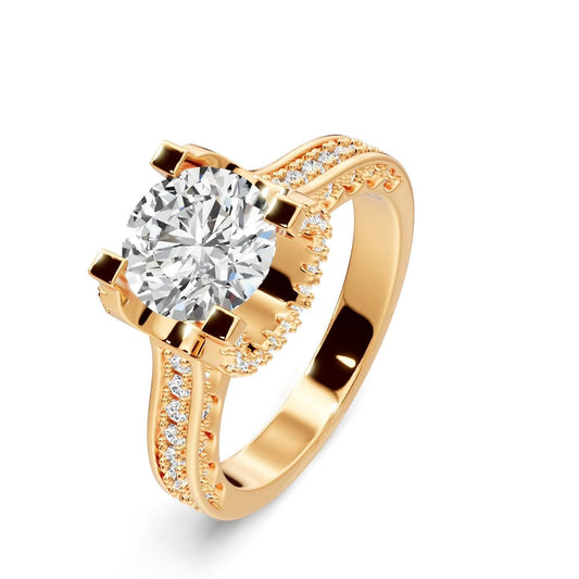 3-carat round brilliant lab-grown diamond ring in solid 14k gold classic bull head solitaire design close up view