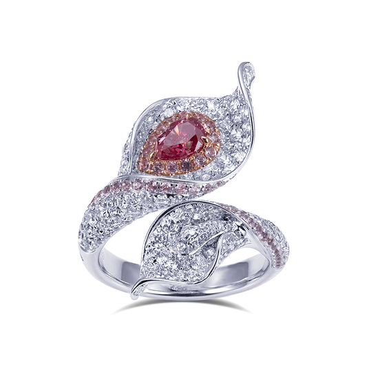 Luxury White Diamond Ring with Pink Diamond Accents | Leaf Design, Symbolic & Elegant