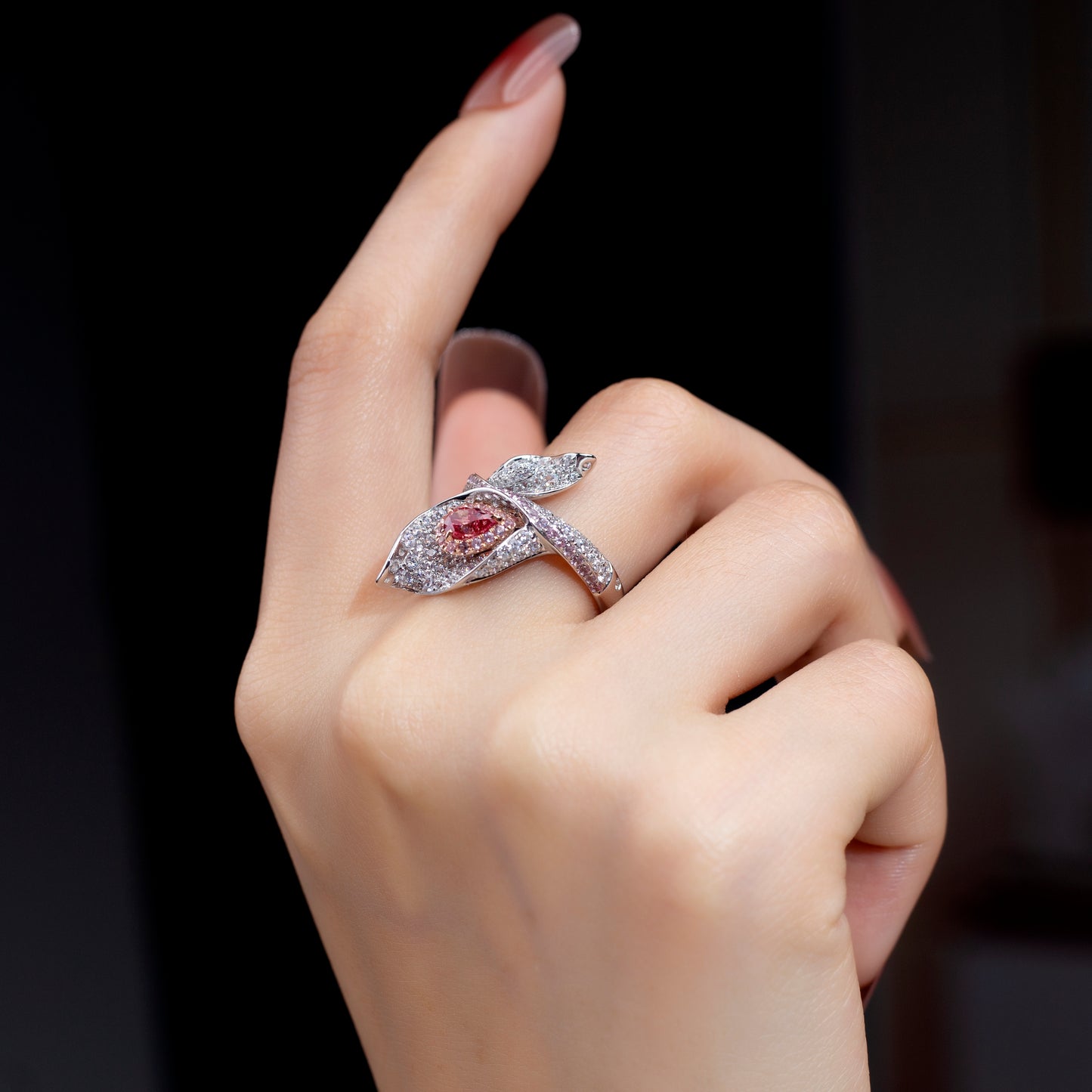 Luxury White Diamond Ring with Pink Diamond Accents | Leaf Design, Symbolic & Elegant