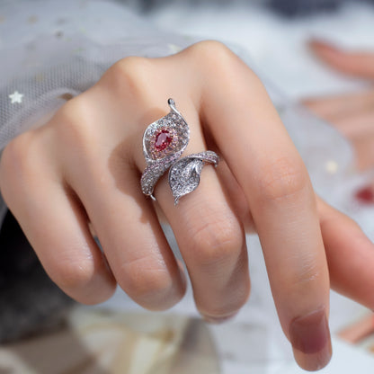 Luxury White Diamond Ring with Pink Diamond Accents | Leaf Design, Symbolic & Elegant