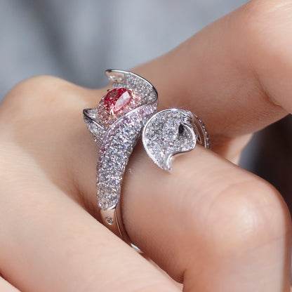 Luxury White Diamond Ring with Pink Diamond Accents | Leaf Design, Symbolic & Elegant