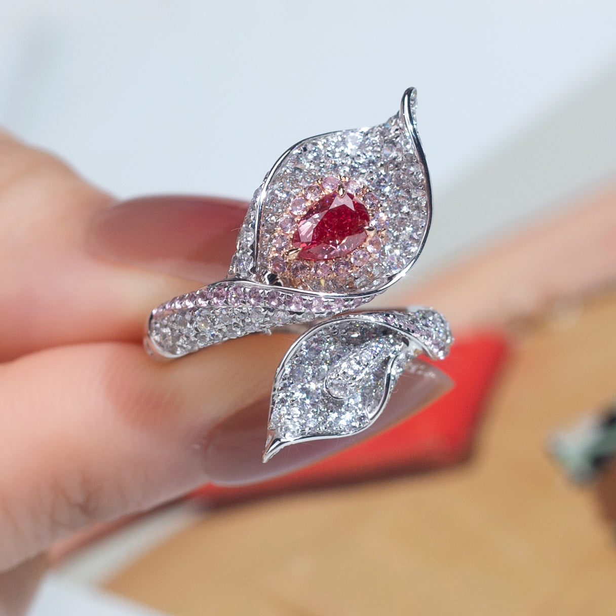 Luxury White Diamond Ring with Pink Diamond Accents | Leaf Design, Symbolic & Elegant