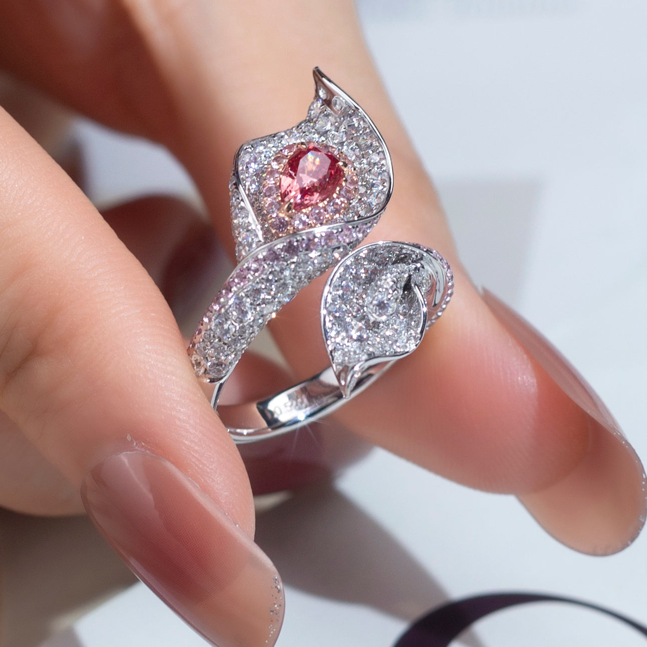 Luxury White Diamond Ring with Pink Diamond Accents | Leaf Design, Symbolic & Elegant