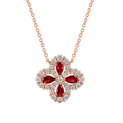 Lab-Grown Diamond Clover Necklace with Ruby Accents – Elegant & Dainty Women’s Necklace, Timeless Fashion Jewelry, Sustainable Luxury Gift