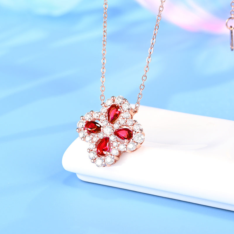 Lab-Grown Diamond Clover Necklace with Ruby Accents – Elegant & Dainty Women’s Necklace, Timeless Fashion Jewelry, Sustainable Luxury Gift