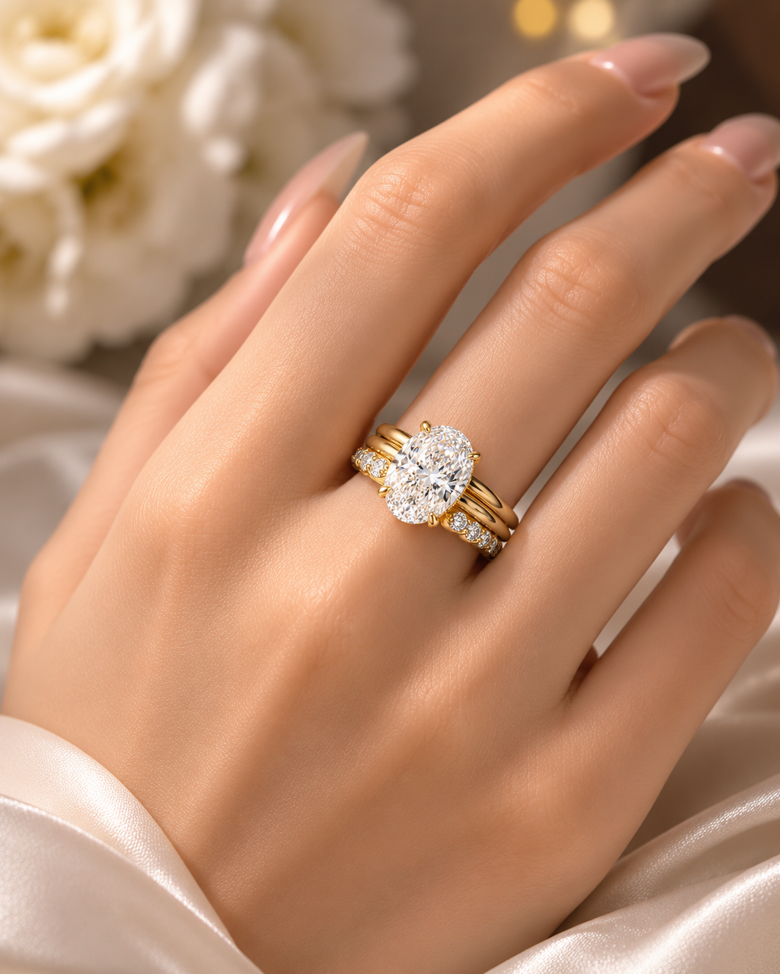 6-Carat Oval Cut Lab-Grown Diamond Ring Set - 14K Gold 3-Piece Versatile Stackable Bridal Set