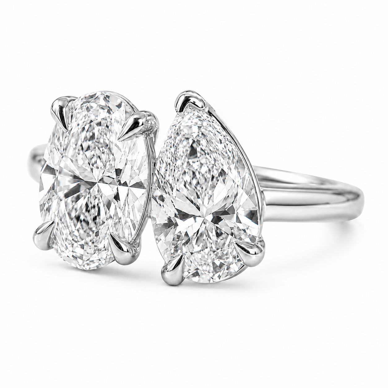 2 Carat Oval and Pear Toi et Moi Platinum Lab Grown Diamond Ring worn on hand