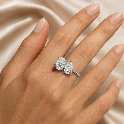 2 Carat Oval and Pear Toi et Moi Platinum Lab Grown Diamond Ring worn on hand