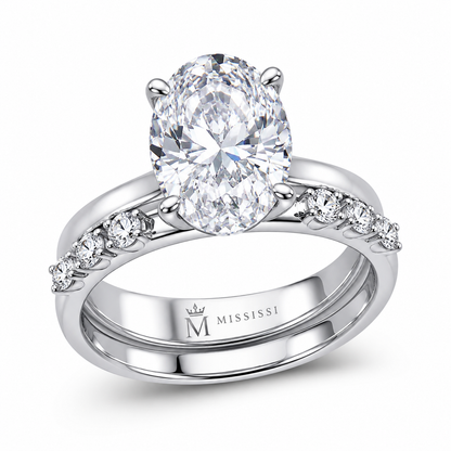 5-Carat Oval Cut Lab-Grown Diamond Ring Set - 14K Gold 2-Piece Double Stackable Wedding Rings
