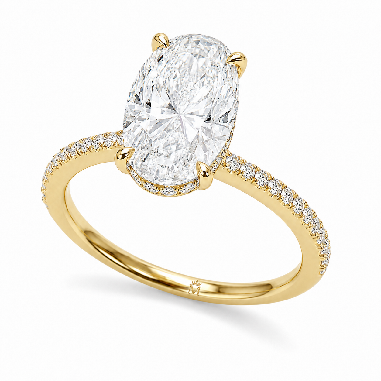 Front view of a 5 carat oval cut diamond ring with four claw prongs and pavé band