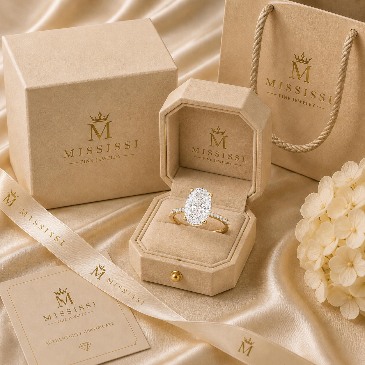 Oval diamond engagement ring presented in MISSISSI Fine Jewelry champagne packaging