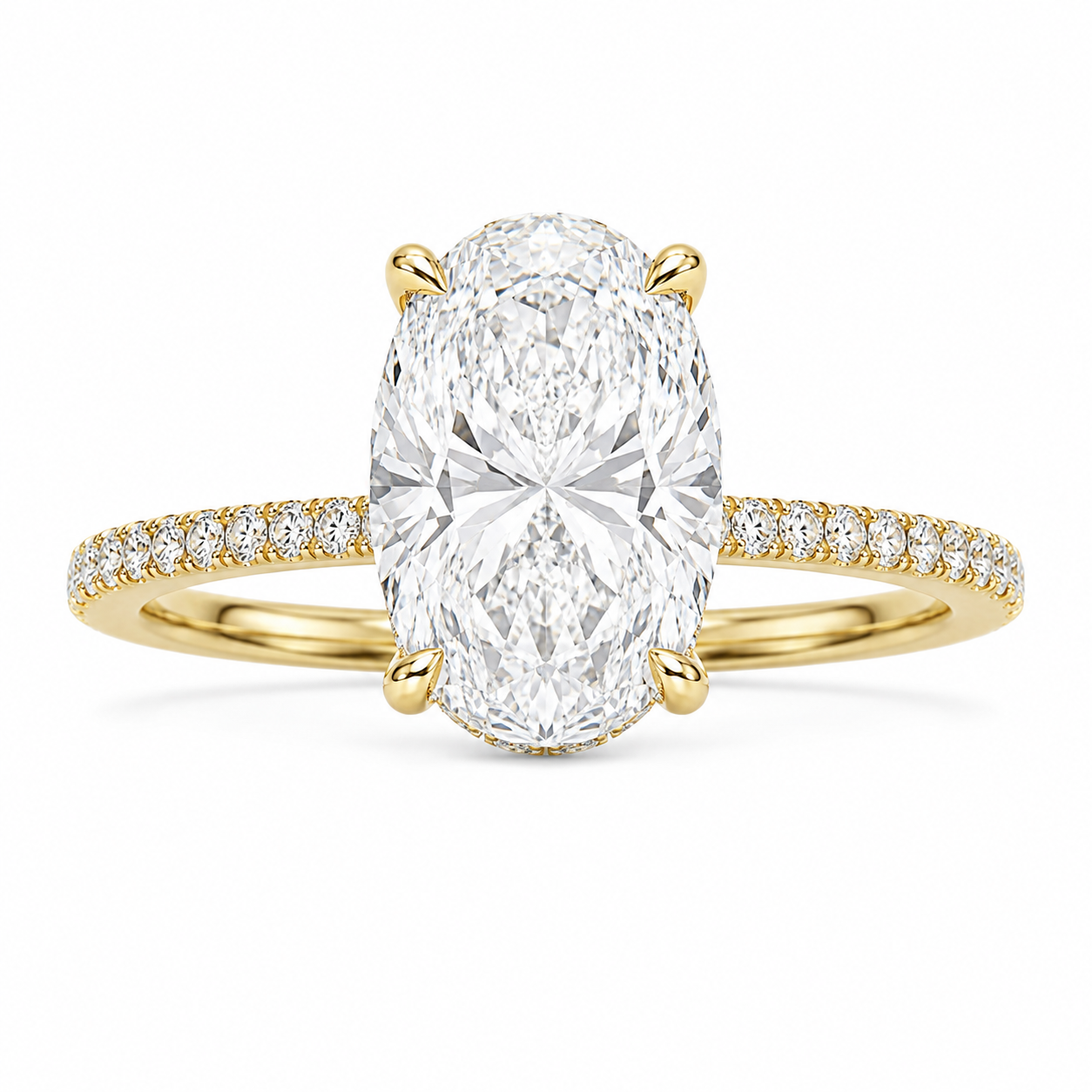 5 carat oval cut diamond engagement ring with hidden halo and pavé yellow gold band