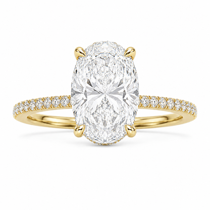 5 carat oval cut diamond engagement ring with hidden halo and pavé yellow gold band