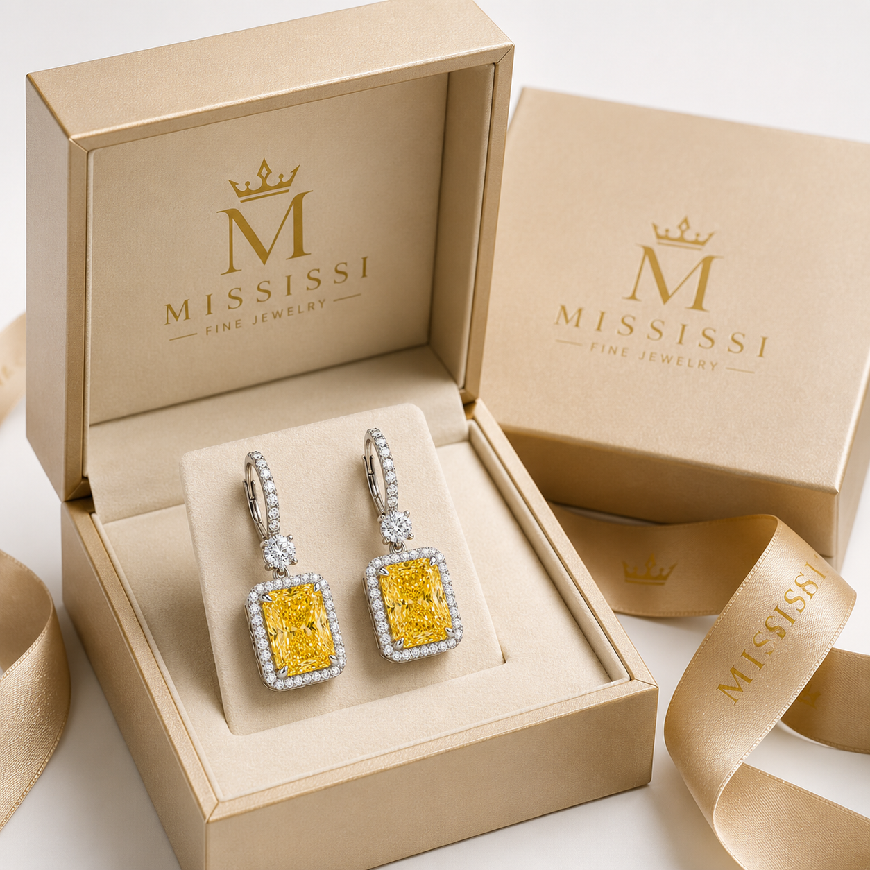 6 carat total fancy yellow radiant cut diamond drop earrings with diamond halo