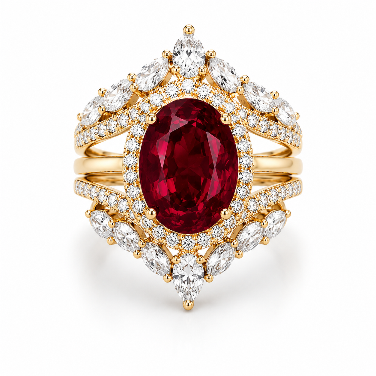 6 Carat Pigeon Blood Ruby Bridal Ring Set | 3 Piece Lab Grown Ruby & Diamond Engagement Ring | 14K & 18K Gold | MISSISSI Jewelry