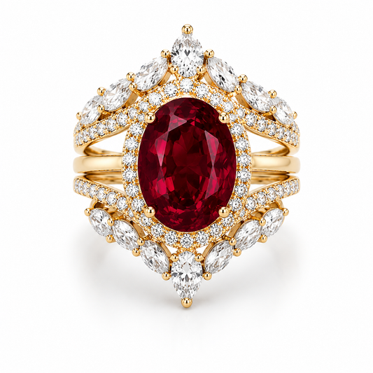 6 Carat Pigeon Blood Ruby Bridal Ring Set | 3 Piece Lab Grown Ruby & Diamond Engagement Ring | 14K & 18K Gold | MISSISSI Jewelry