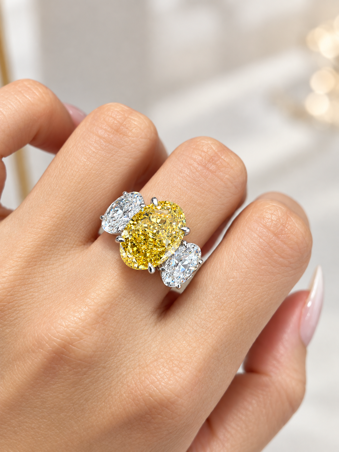 12 Carat Oval Fancy Yellow Lab-Grown Diamond Three-Stone Ring, jewelry detail view — MISSISSI Fine Jewelry