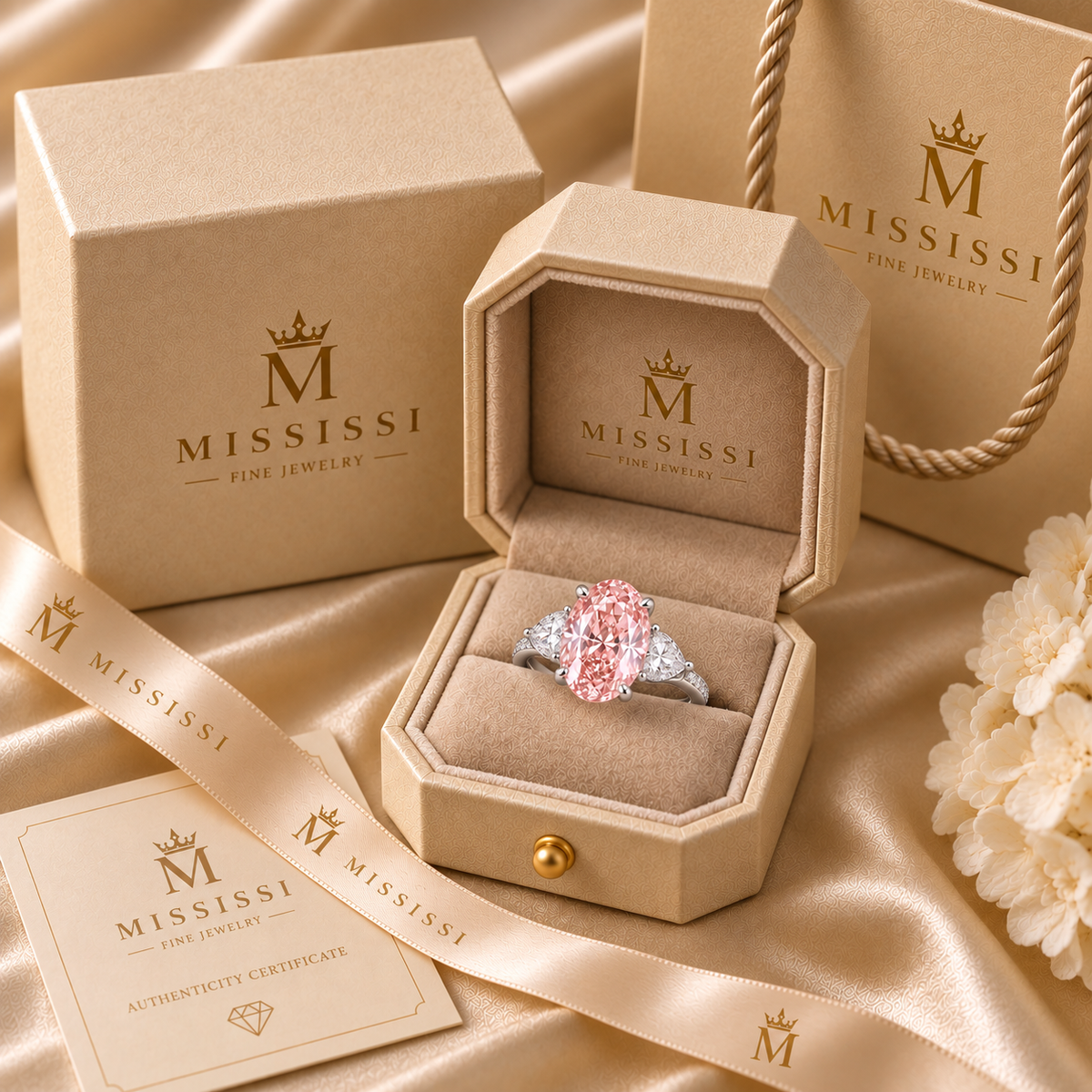 7 Carat Oval Pink Lab-Grown Diamond Ring with 1.8 CTW White Diamond Accents | Custom Engagement Ring | MISSISSI