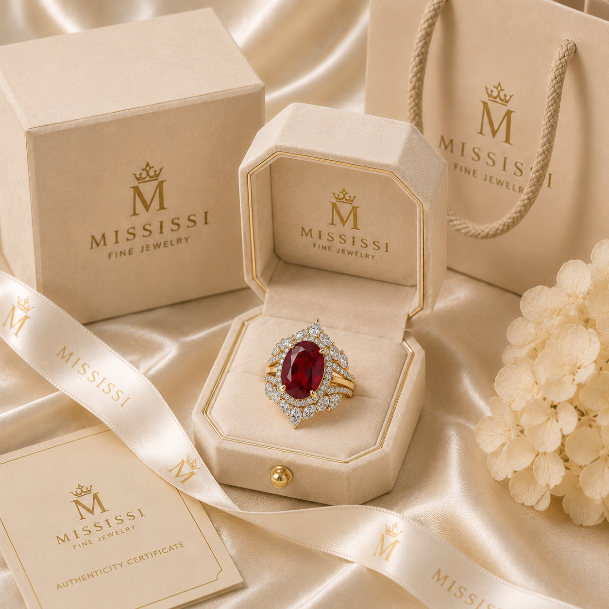 6 Carat Pigeon Blood Ruby Bridal Ring Set | 3 Piece Lab Grown Ruby & Diamond Engagement Ring | 14K & 18K Gold | MISSISSI Jewelry