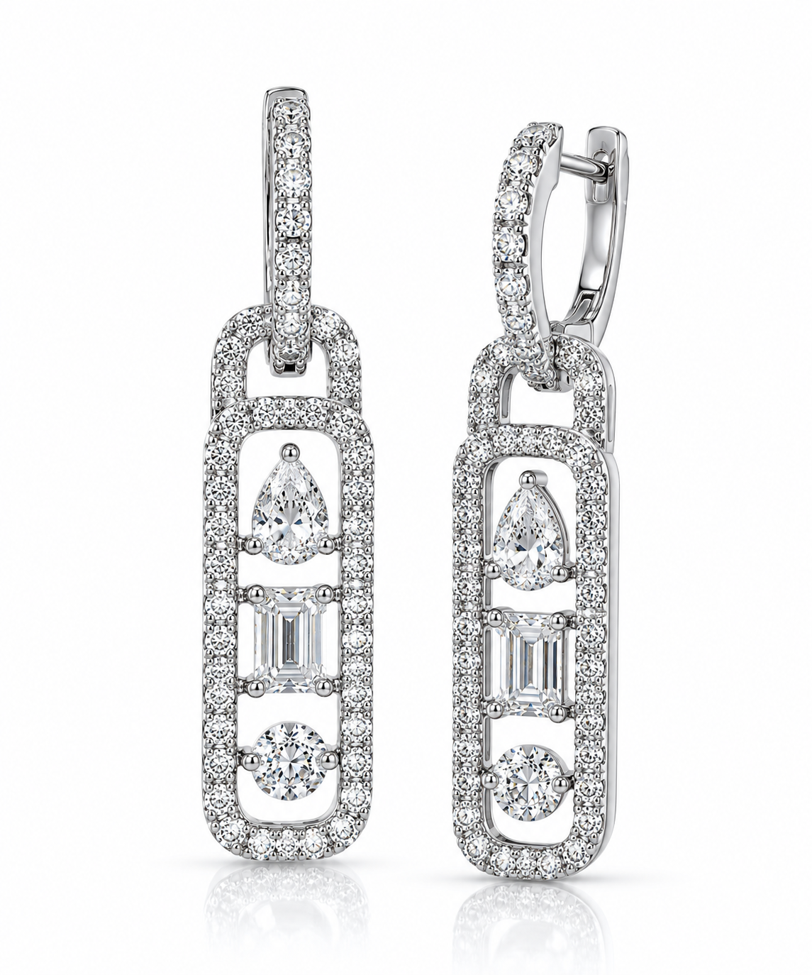 Multi-Shape Diamond Drop Earrings – Pear, Emerald & Round Cut Pavé Link Design