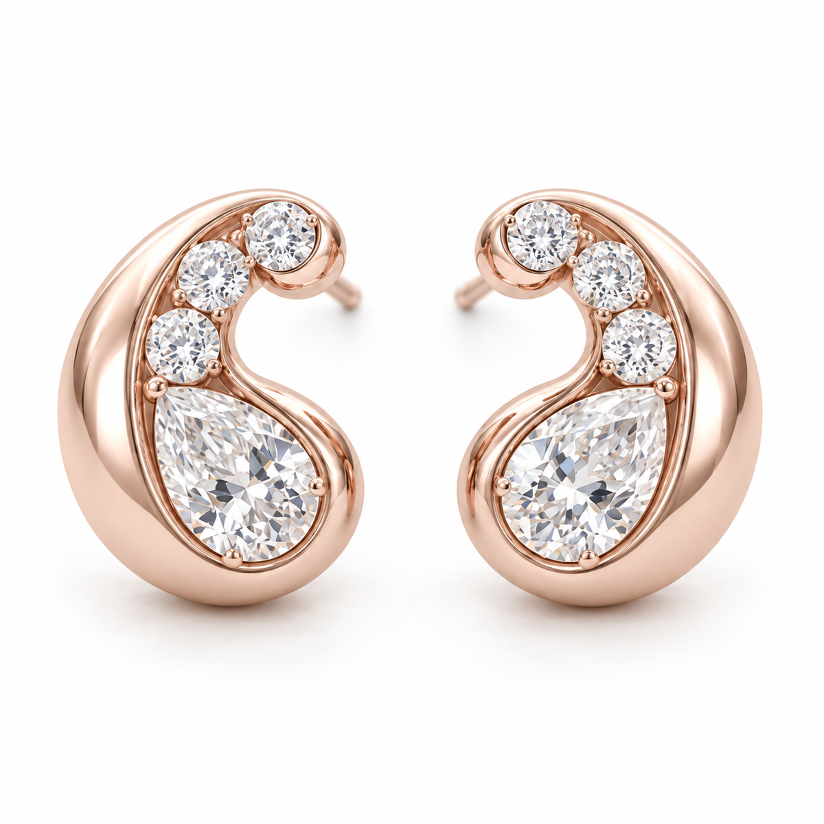 MISSISSI AA13 paired earrings in pale rose gold tone, front view showing mirrored rounded comma-shaped curls around pear-shaped diamonds, with three round diamond accents per earring; design visualization