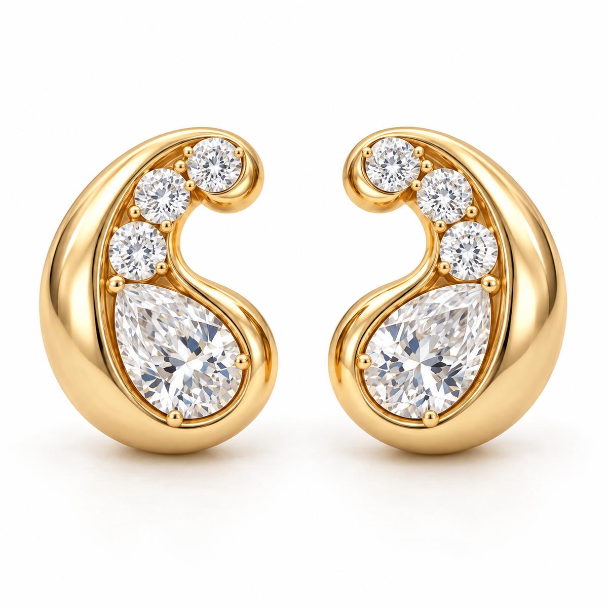 MISSISSI AA13 paired earrings in yellow gold tone, front view showing mirrored rounded comma-shaped curls around pear-shaped diamonds, with three round diamond accents per earring; design visualization