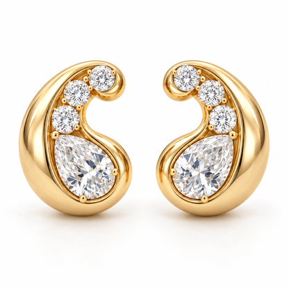 MISSISSI AA13 paired earrings in yellow gold tone, front view showing mirrored rounded comma-shaped curls around pear-shaped diamonds, with three round diamond accents per earring; design visualization